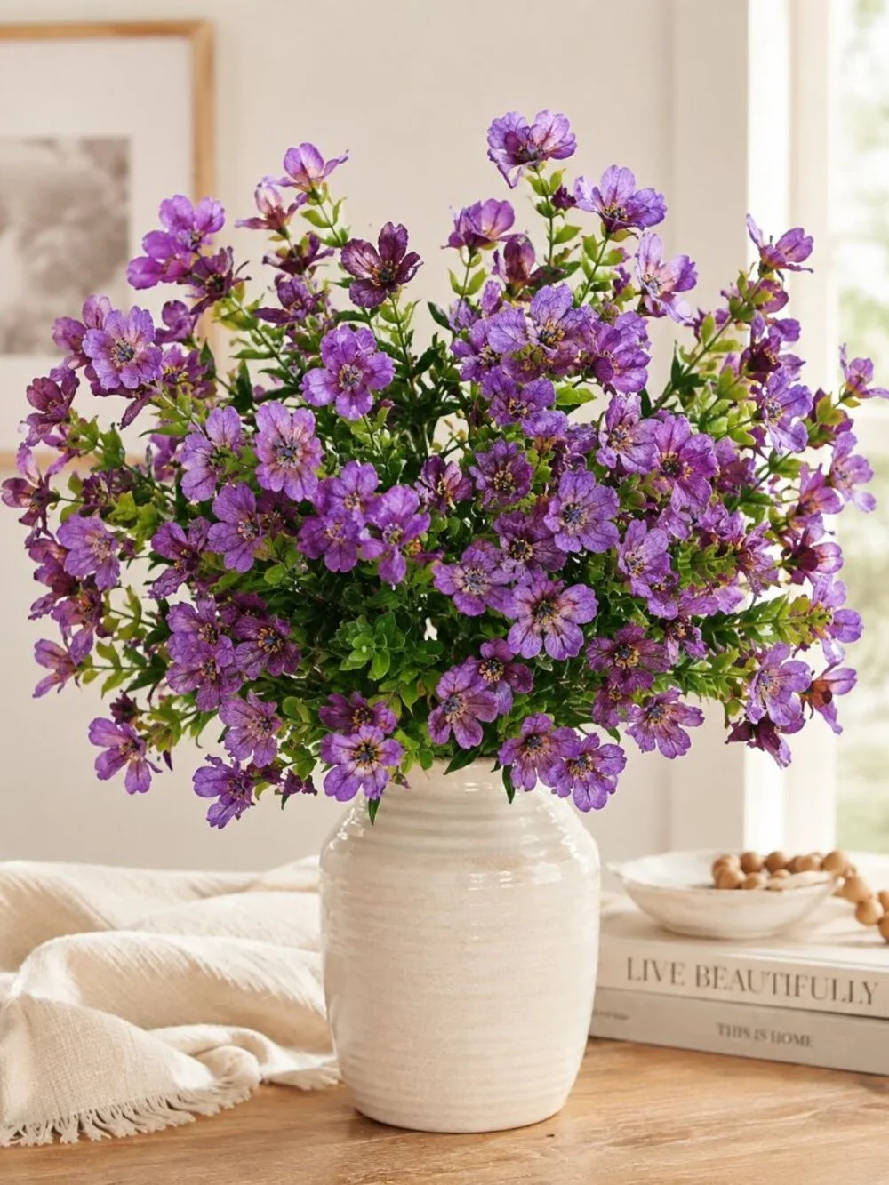 New Set of 3 Artificial Purple Flowers Green Leaves Home Decor